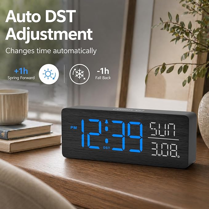 Peakeep Wooden Digital Alarm Clock Large Display, Textured Decoration - Image 5