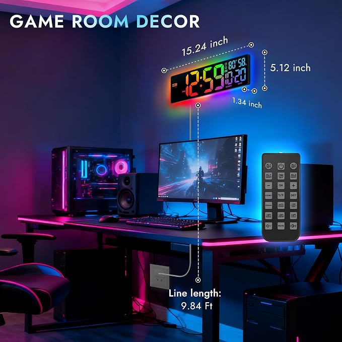 16.5" Large Digital Wall Clock: 13 RGB Night Lights Giant LED Display - Image 3
