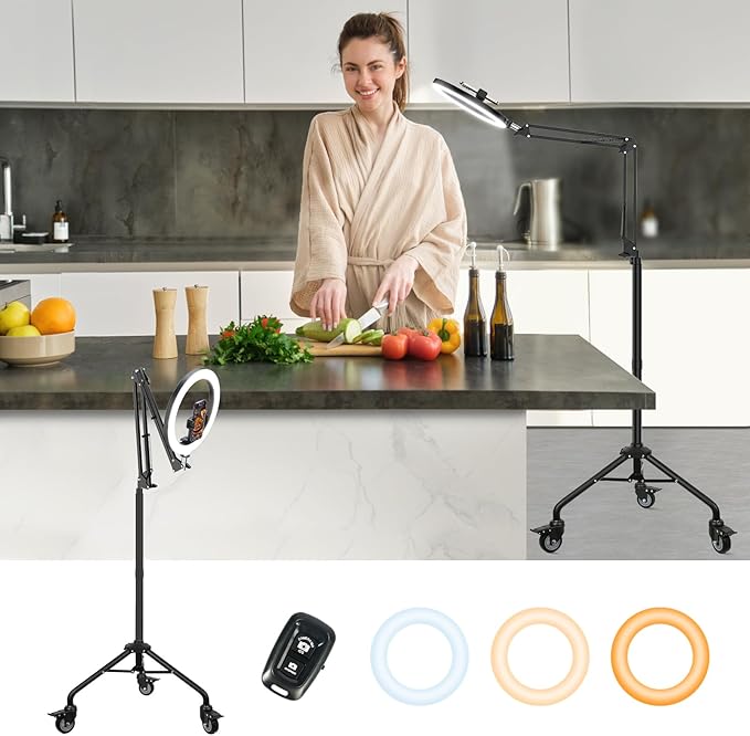 LUXSURE Tripod for iPhone with Ring Light, Overhead Camera Mount with Casters by LUXSURE