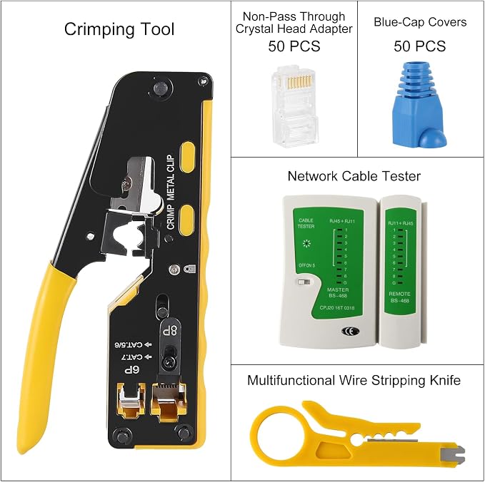 RJ45 Crimp Tool Kit with Network Cable Tester All-in-One Pass Through Ethernet - Image 2