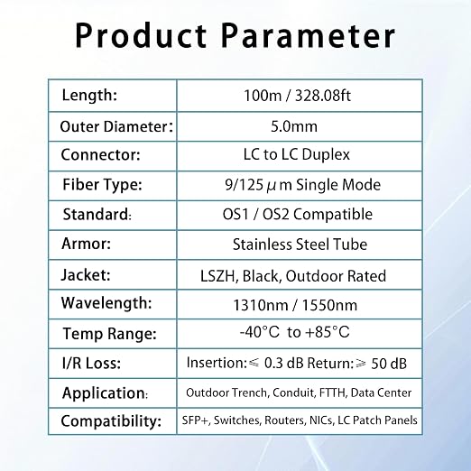 100M/328FT LC to LC Armored Outdoor Fiber Optic Cable, Single Mode Duplex - Image 6