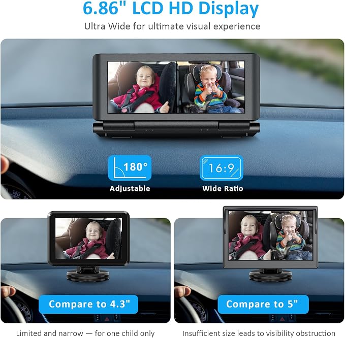 Baby Car Camera for 2 Kids, 6.86" 1080P HD Split Screen Baby Monitor - Image 2