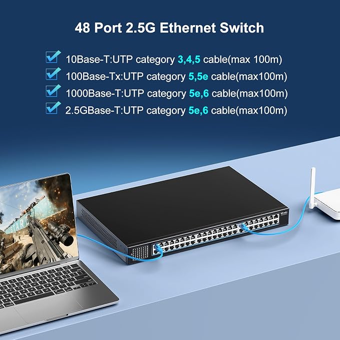 48-Port 2.5G Switch Unmanaged, 48 x 10/100/1000/2500Mbps RJ45 Ports, Plug & - Image 5