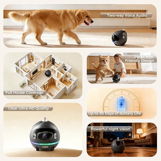 AEZ Robot Camera on Wheels 1080P Dual Lens, Indoor Movable Security Camera - Image 2