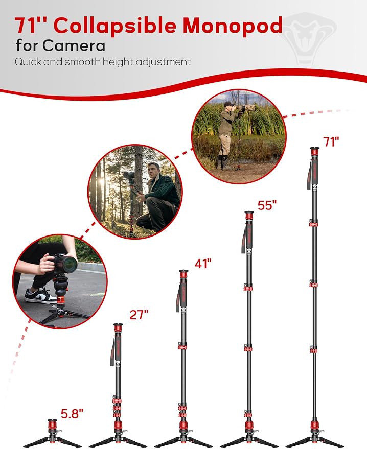 IFOOTAGE Monopod Cobra 3 C180F-P, 1/4'' & 3/8'' Quick Release Compatible - Image 5
