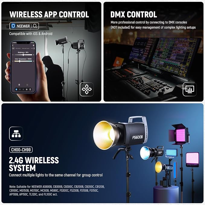 NEEWER 600W LED Studio Video Light 2.4G/APP Control 87100Lux/1m, 2700K-6500K Bi - Image 5