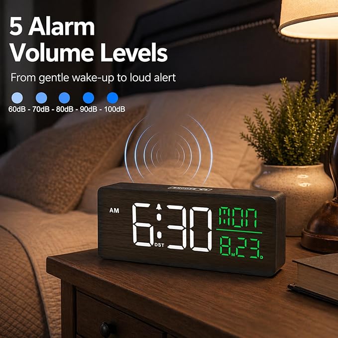 Peakeep Wooden Digital Alarm Clock Large Display, Textured Decoration - Image 6