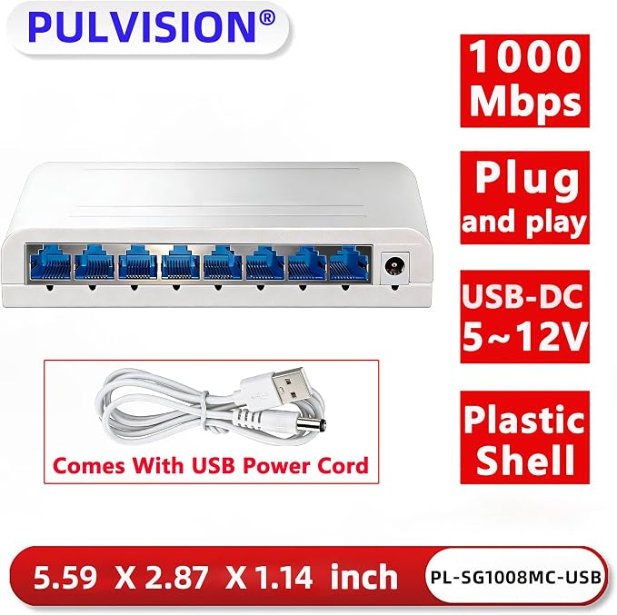 8 Port Gigabit Wired Ethernet Switch 1000Mbps USB 5-12V Powered White Plastic - Image 2