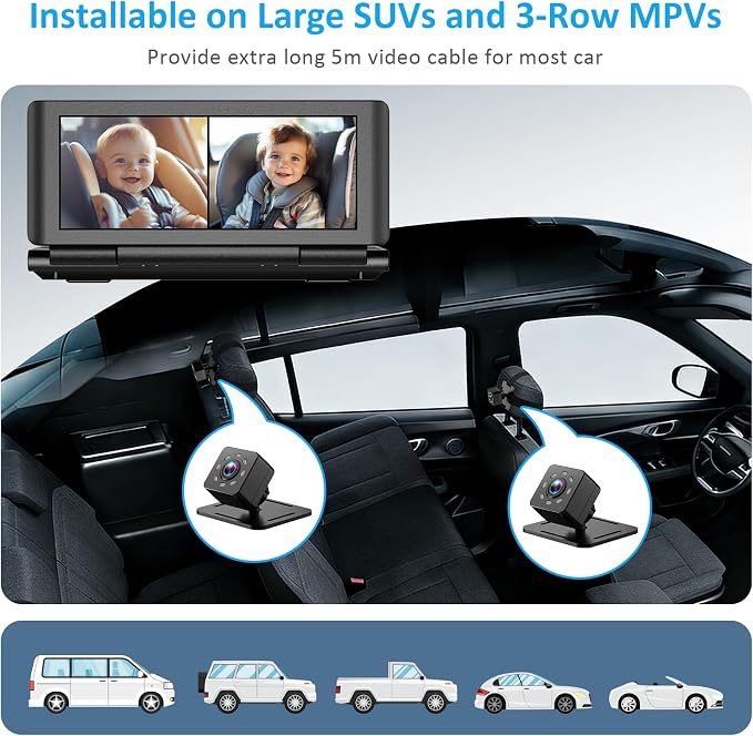 Baby Car Camera for 2 Kids, 6.86" 1080P HD Split Screen Baby Monitor - Image 6