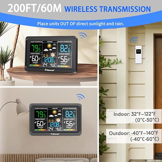 Geevon Weather Stations Wireless Indoor Outdoor Thermometer, Color VA Display - Image 5