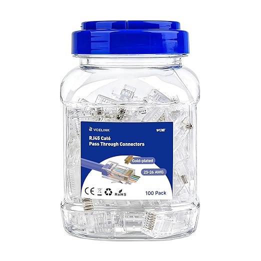 VCE 100-Pack Cat6 RJ45 Pass Through Connectors, 10Gbps Unshielded Ethernet by VCE