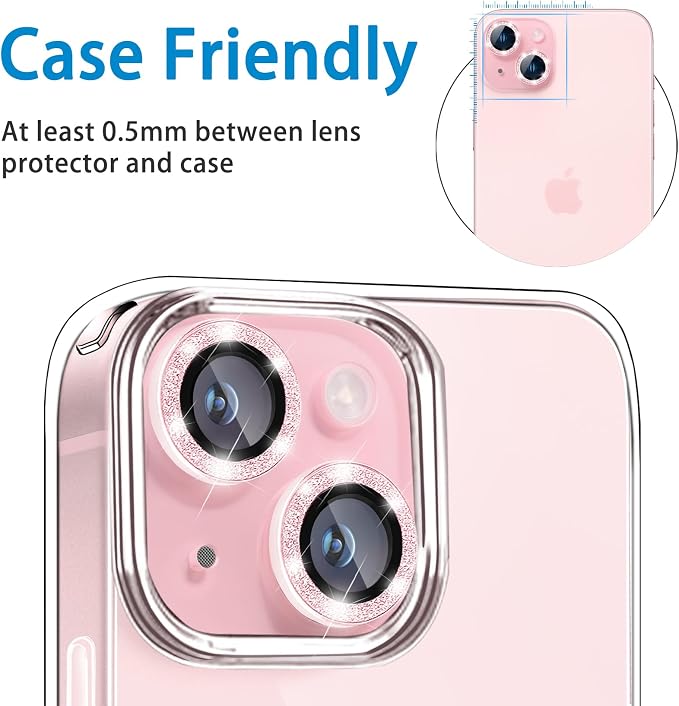 Compatible with iPhone 15 & 15 Plus Camera Lens Protector, Bling Glitter 9H - Image 5