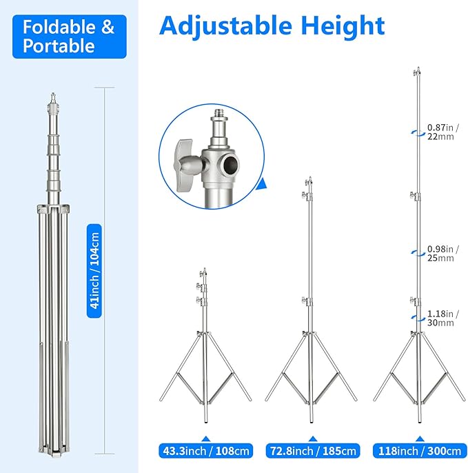 NEEWER 118"/3m Stainless Steel Light Stand, Spring Cushioned Heavy Duty - Image 6