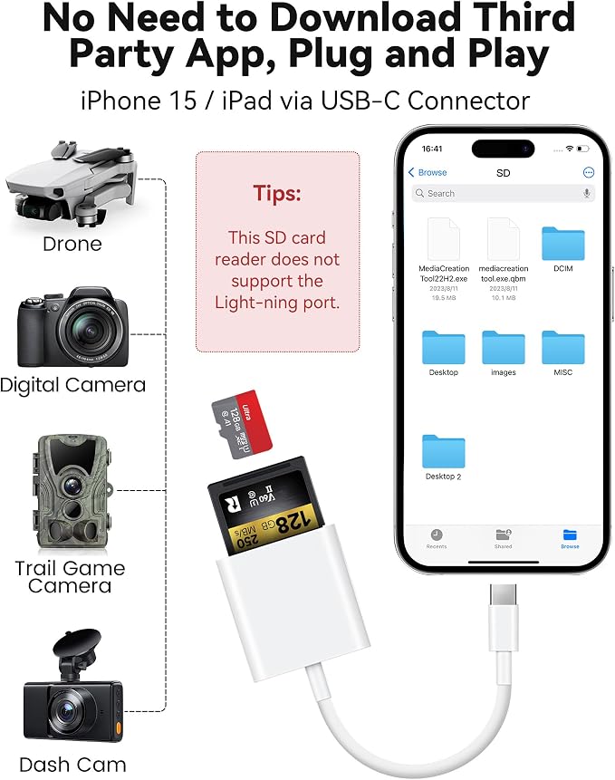 USB C SD Card Reader for iPhone 15 16/iPad/MacBook/Mac, xdgeLoad USB-C Type C - Image 3