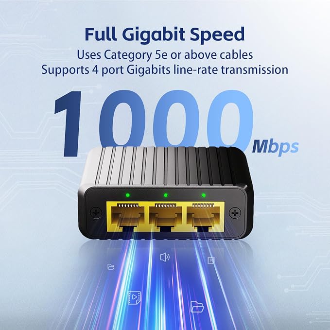 Binardat 1 to 3 Gigabit Network Splitter, 4 Port Ethernet Switch, Type-C Power - Image 3
