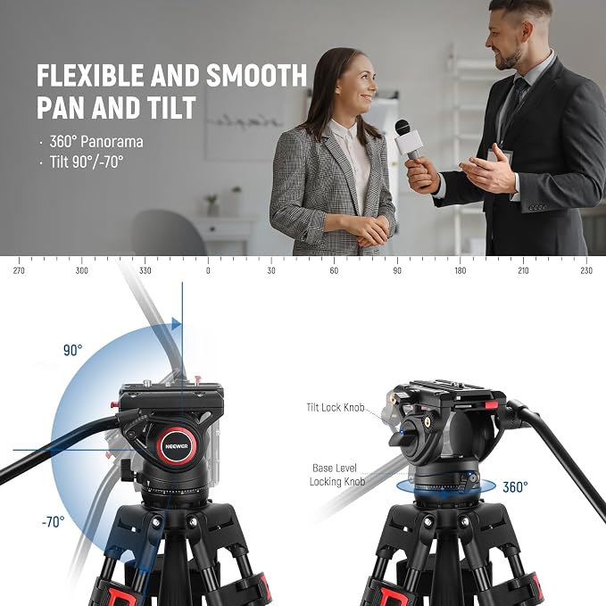 NEEWER 74" Video Tripod with Fluid Head & Damping Control, Aluminum Heavy Duty - Image 3