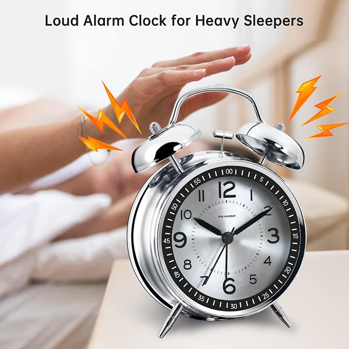 Peakeep Loud Alarm Clock for Heavy Sleepers Adults, Metal 4.5" Twin Bell - Image 2