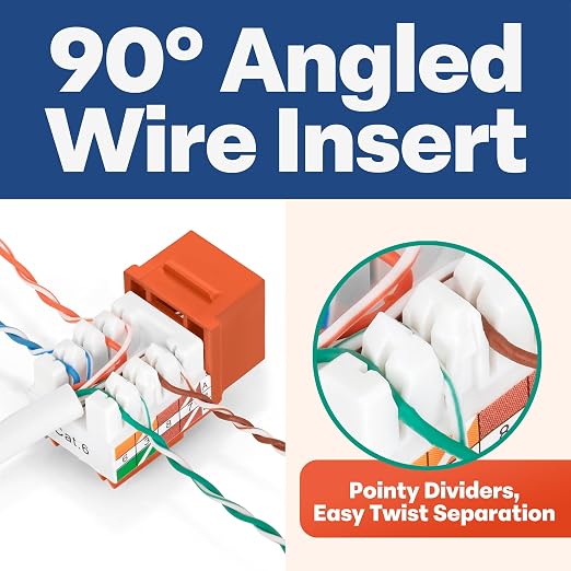 Everest 90° Angled RJ45 Cat6 Keystone Jacks 10-Pack in Orange - Image 3