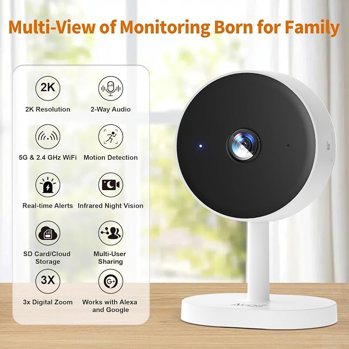 Alaga WiFi Indoor Security Camera, Baby Monitor, AI Motion Detection, 2 Way - Image 2