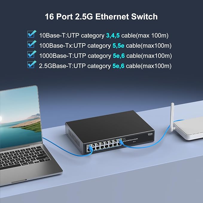 16 Port 2.5G Switch Unmanaged, Vimin 16 Port 2.5GB Base-T Ethernet Switch - Image 4