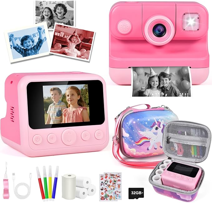 Kids Instant Print Camera with Carrying Bag, 1080P HD Girl Camera with 4 Print by Elecoutek