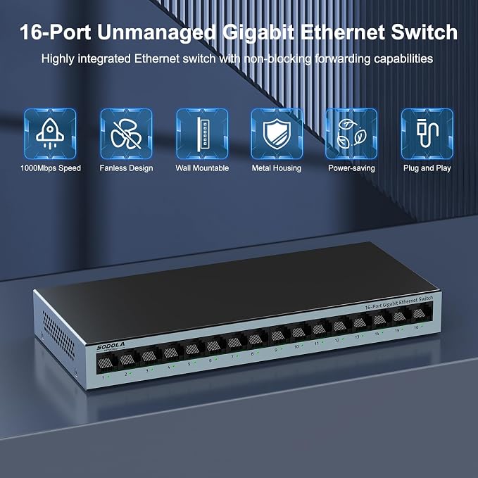 【Upgrade】 SODOLA 16 Port Gigabit Ethernet Switch, Plug & Play, Shielded Ports - Image 3