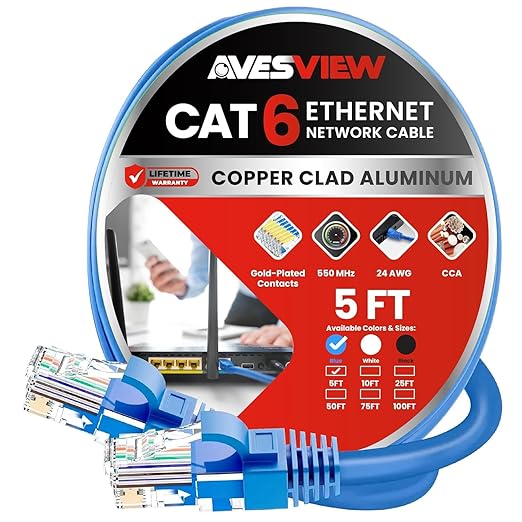 CAT 6 5FT Ethernet Cable, Indoor High-Speed 10Gbps Snagless CAT6 Ethernet Cable by AvesView