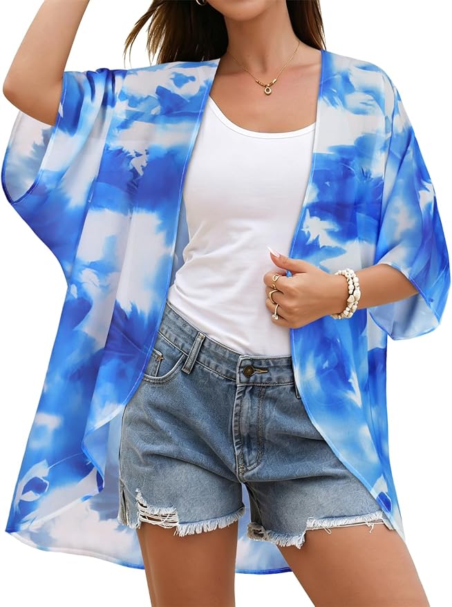 Women's Floral Print Puff Sleeve Kimono Cardigan Loose Cover Up Casual Blouse by CHICGAL