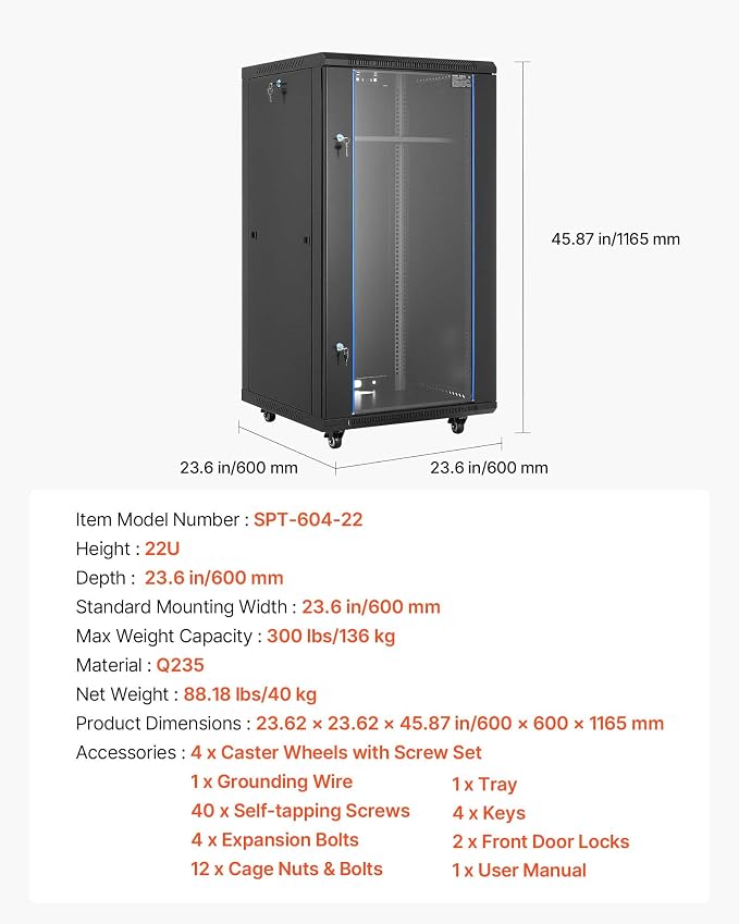 VEVOR 22U Server Rack Cabinet, Network Cabinet Wall Mount, 23.6 in Depth - Image 7