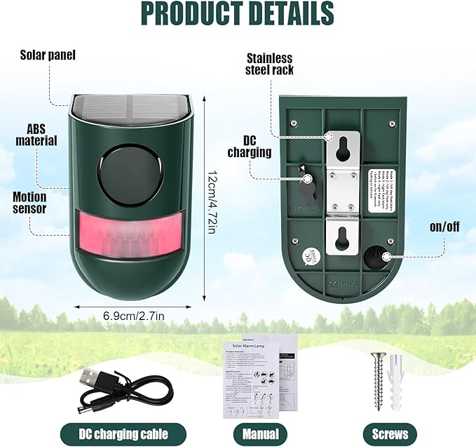 Qualirey Solar Sound and Light Alarm Motion Sensor 129db Outdoor Security Siren - Image 2