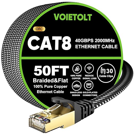 Cat 8 Ethernet Cable 50 FT Flat, High Speed 40Gbps 2000Mhz Braided Internet by EthernetCable