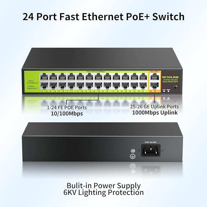 24 Port PoE+ Switch 2 Gigabit Uplink 400W Rack Mount Unmanaged IEEE 802.3af/at - Image 7