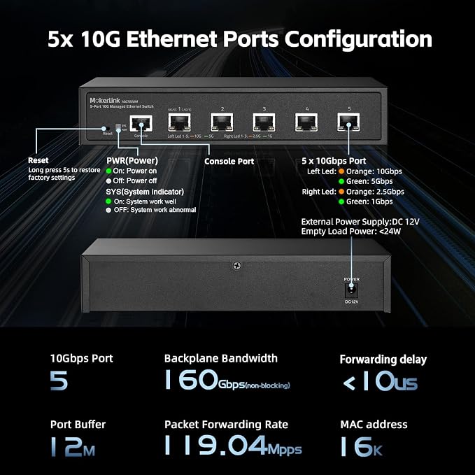 MokerLink 5 Port 10G Managed Ethernet Switch, 10G/5G/2.5G/1G Auto-Adaptive - Image 3