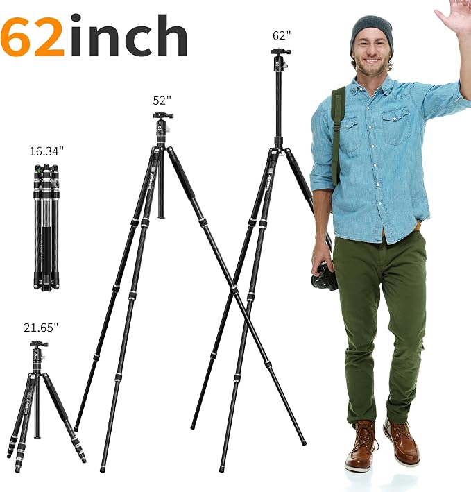 Carbon Fiber Camera Tripod, 1/4" Arca QR Plate, Compact Lightweight Travel - Image 7