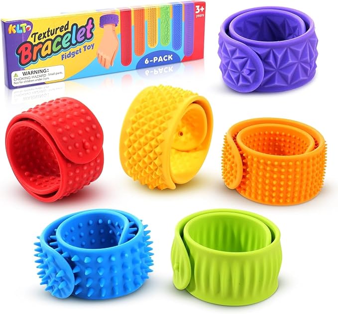 Sensory Fidget Toys for Kids: Textured Silicone Slap Bracelets 6 Pack, Stress by KLT