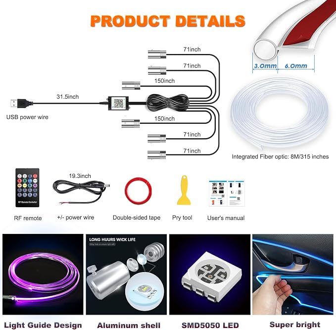 Jushope Car LED Strip Lights, USB Interior Ambient Lighting Kits - Image 7