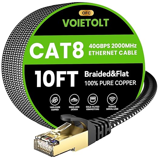 Cat 8 Ethernet Cable 10 FT Flat, High Speed 40Gbps 2000Mhz Braided Internet by EthernetCable