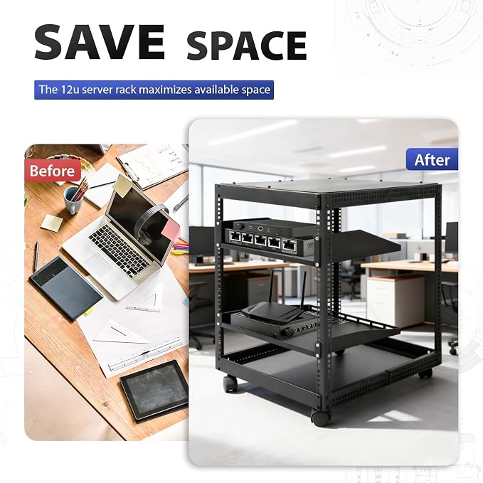 12U Open Frame Server Rack for IT & AV Gear 23-40 in Adjustable Depth Wall - Image 7
