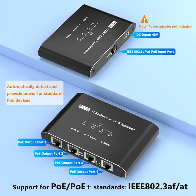 PoE Switch 1 in 4 Out, 4 Port Gigabit PoE Splitter, IEEE 802.3at/af Compliant - Image 5