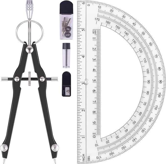 Unjoo Compass and Protractor Set, Professional Drawing Compass Tool, Metal by Unjoo