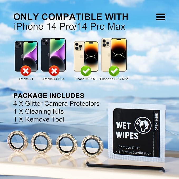 Misea for iPhone 14 Pro/iPhone 14 Pro Max Camera Lens Protector Bling, 9H - Image 2