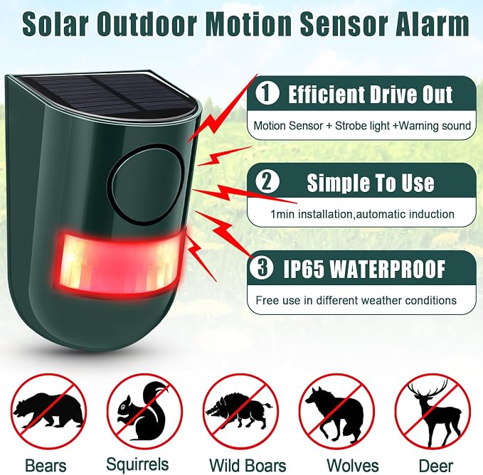 Qualirey Solar Sound and Light Alarm Motion Sensor 129db Outdoor Security Siren - Image 5