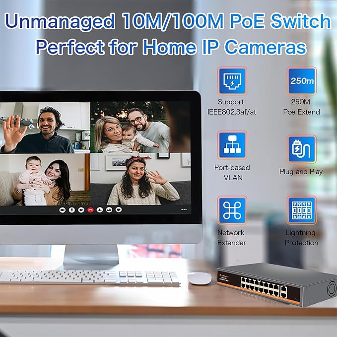 18 Port Unmanaged PoE+ Switch, 16 POE+ Ports & 2 Gigabit Uplink Ports, IEEE - Image 3