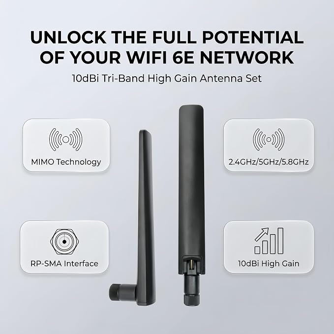 2X WiFi 6E Tri-Band Antenna 10dBi 2.4GHz/5GHz/5.8GHz High Gain MIMO RP-SMA Male - Image 2