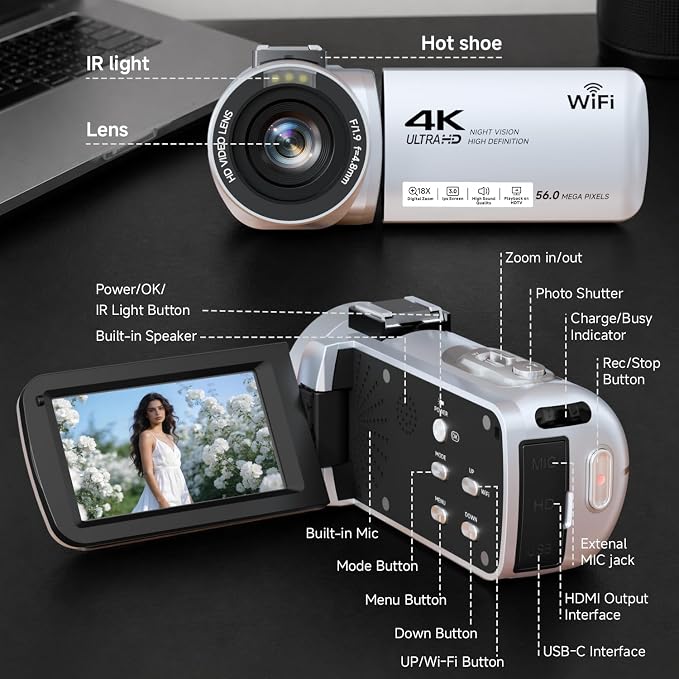 Video Camera, 4K Camcorder 56MP Digital Video Recorder 18X Zoom 3" 270° - Image 8