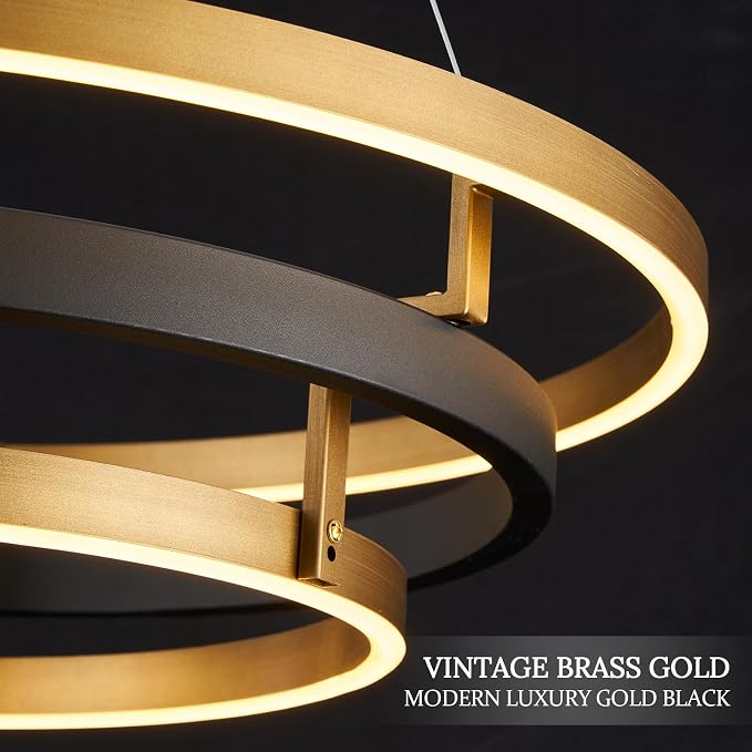3 Ring LED Chandelier Black Gold Round Chandeliers Light Fixture 31in Dimmable - Image 2