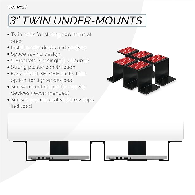 BRAINWAVZ Twin Under Desk Laptop & Device Holder Mount, Adhesive & Screw in - Image 3