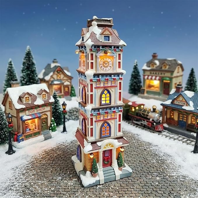 MOMENTS IN TIME Lighted Christmas Clock Tower 14.5” LED Hand-Painted Polyresin - Image 7