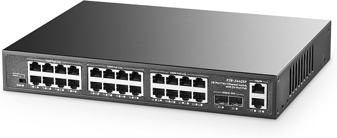 28 Port POE Switch, 24 POE+ 100Mbps, 2 Gigabit Uplink, 2 Gigabit SFP, by Binardat