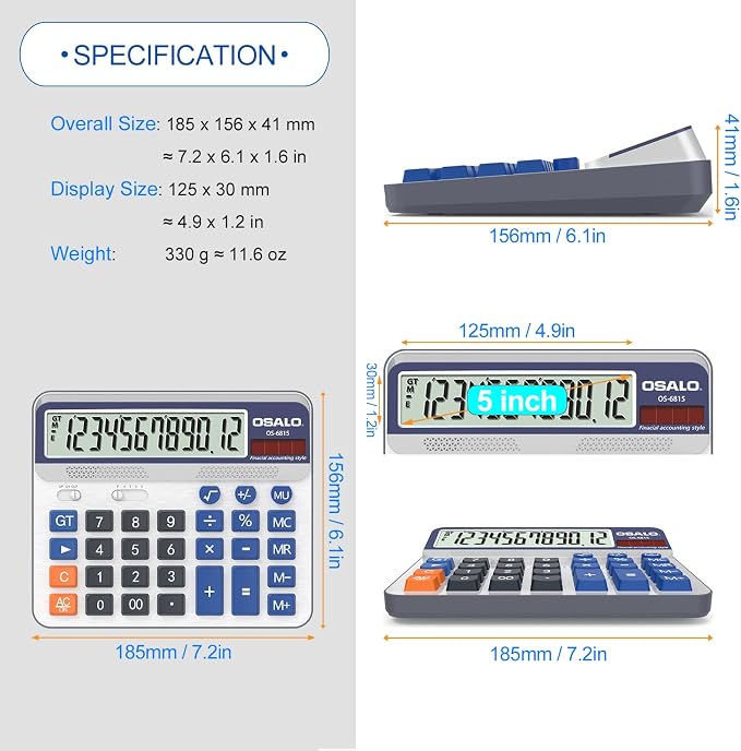Desktop Calculator Extra Large 5-Inch LCD Display 12-Digit Big Number - Image 3